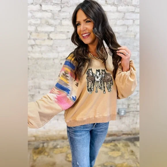 Beige Horse Sequin equestrian rodeo Aztec tribal sleeve sweatshirt pullover - Picture 5 of 7